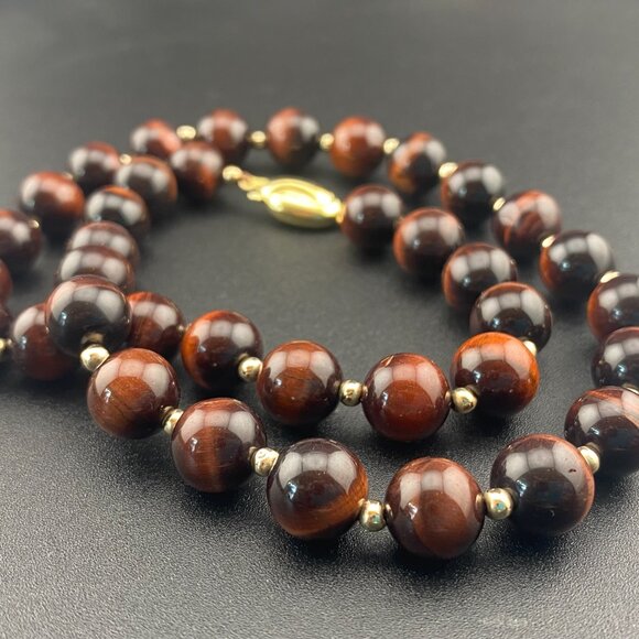 Vtg 9K Solid Gold Ball & 10mm Tigers Eye Beaded Necklace 18" - Lots of Gold - Picture 13 of 15